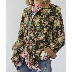 Vtg 90s Ralph Lauren Chore Jacket Large Green Floral Cotton Canvas Country
